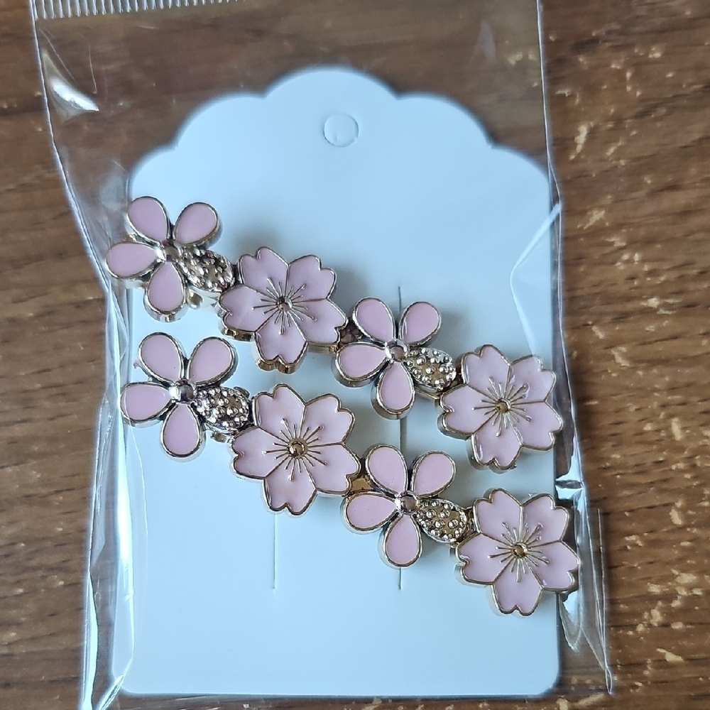 New Gold Tone With Pink Flowers Floral Pink Hair Clips Set - Alligator Clip